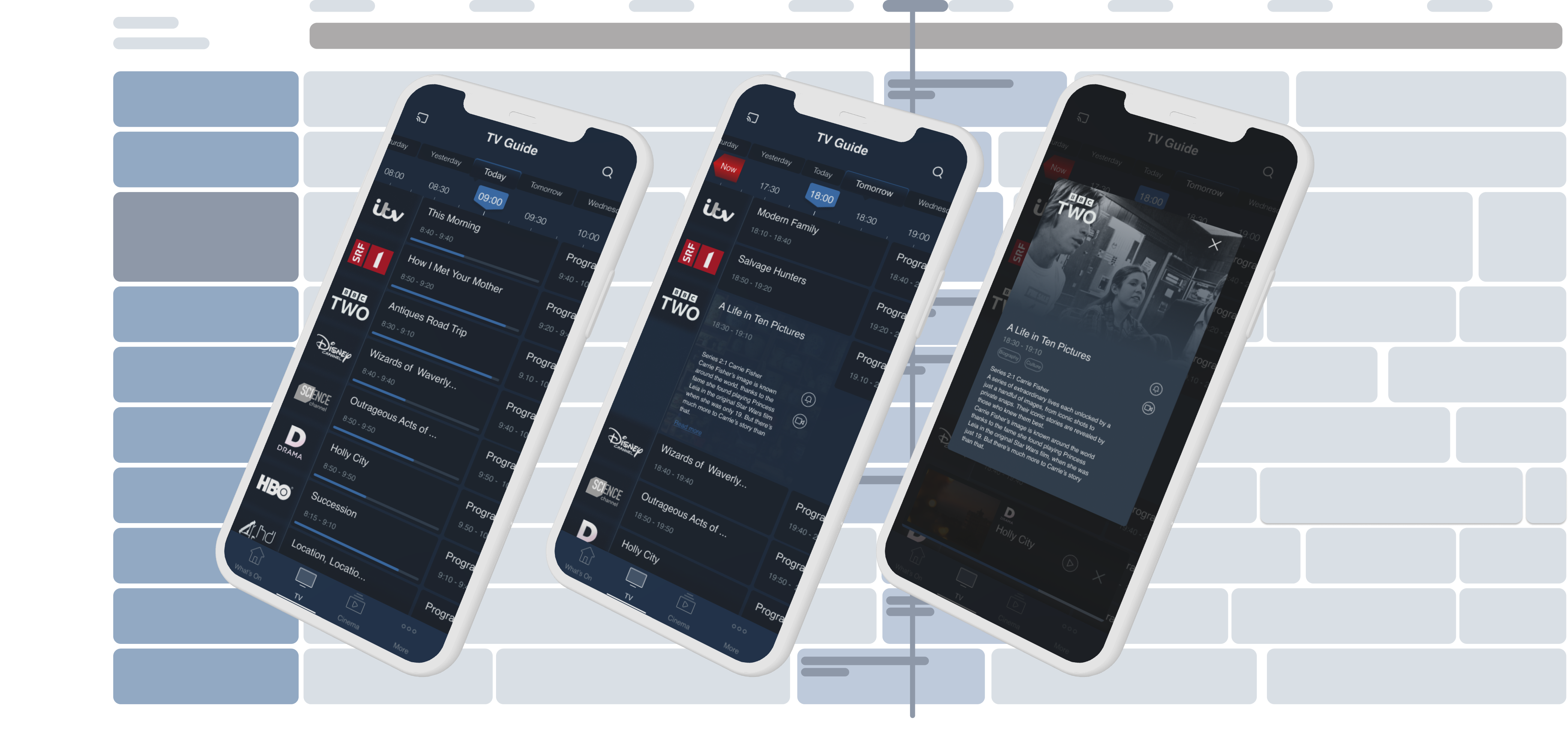 Redesigned EPG on mobile: guide view, programme details, and expanded info